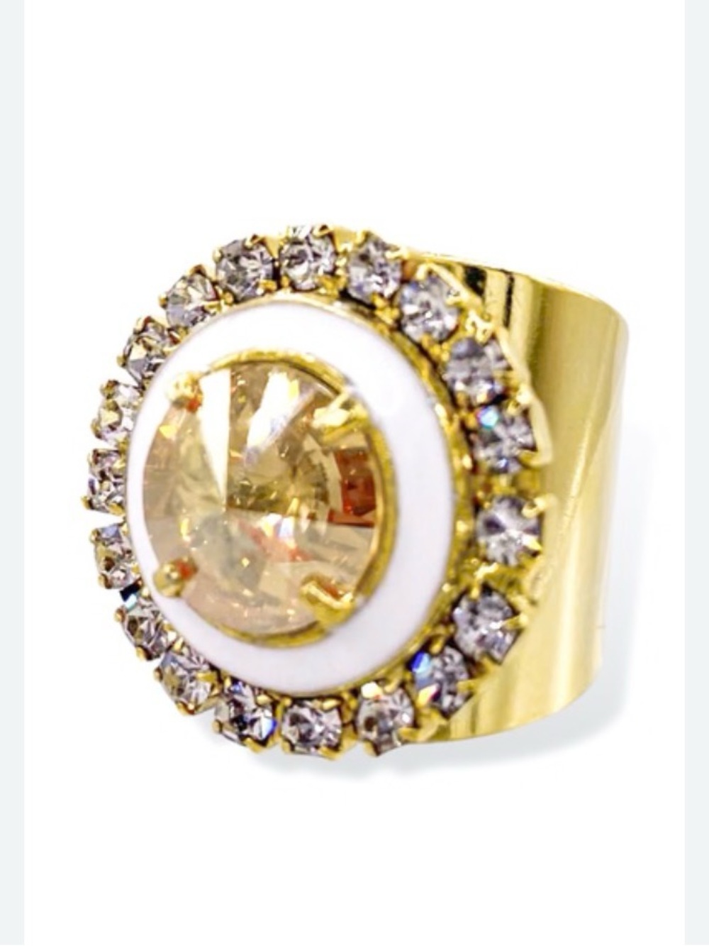 TOVA Hershey Ring white enamel halo —champagne crystal center clear crystals New
